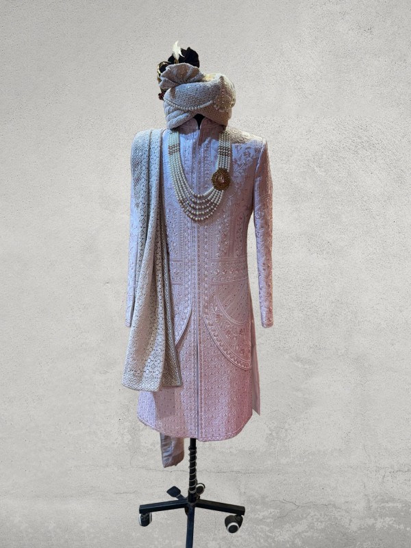 Lavender shade maharaja cut hand embroidered sherwani
