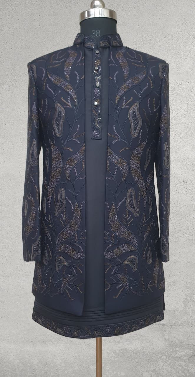 Designer blue indo-western with woven threadwork