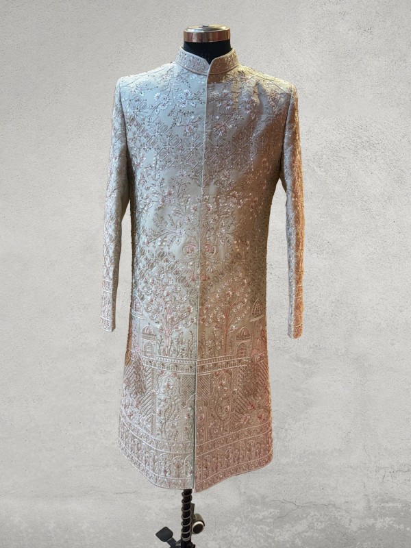 Designer pista colour hand embroidered sherwani