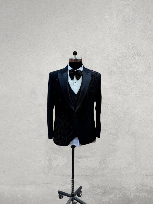 Black embroidered designer tuxedo 5 piece