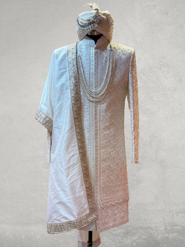 Off white open pattern designer sherwani