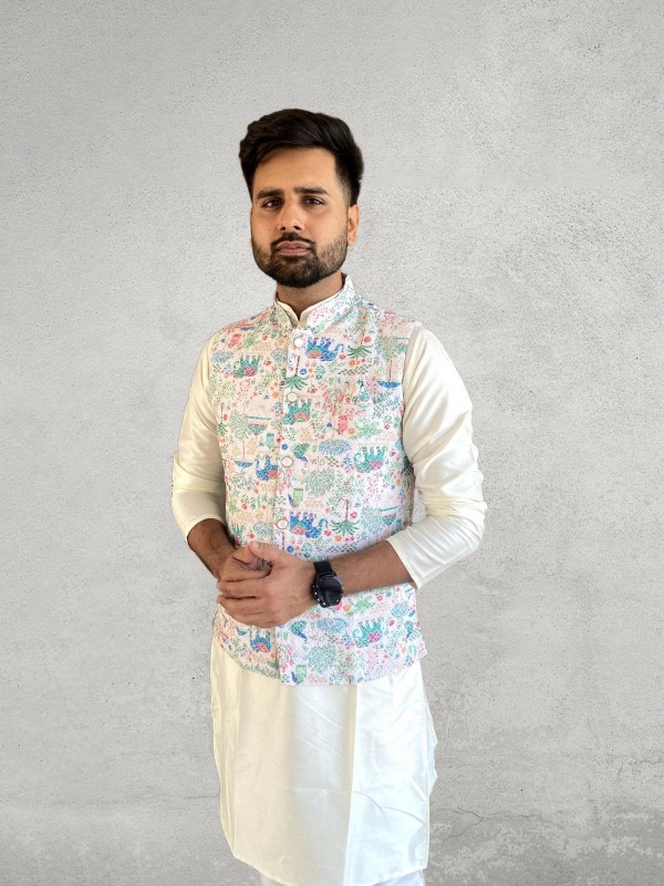 Off white kurta with multicolour jacket embroidery