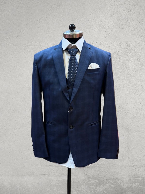 Navy blue self check 5 piece suit